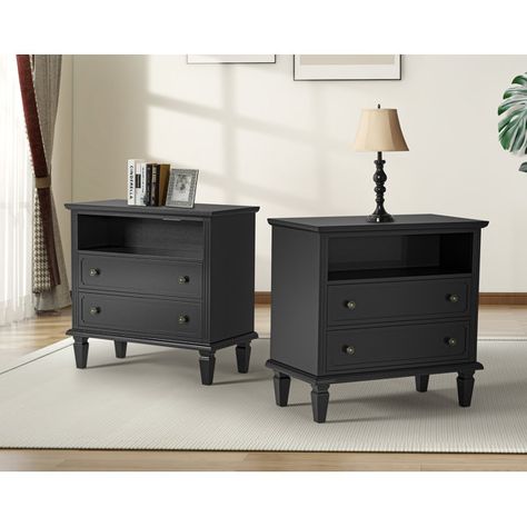 Amberlyn 2 Drawer Nightstand (Set of 2) Farmhouse Nightstand, Nightstand Set, Nightstand With Charging Station, Nightstand Set Of 2, House Property, 2 Drawer Nightstand, Bedroom Black, Wood Nightstand, Elegant Living