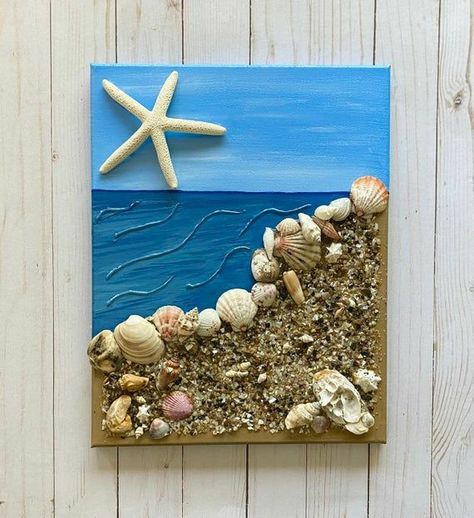 Canvas Art 3d, Seashell Art Diy, Beach Crafts Diy, Sea Shells Diy, Beach Themed Crafts, Seashell Wall Art, Seashell Projects, Art Coquillage, Shells Diy