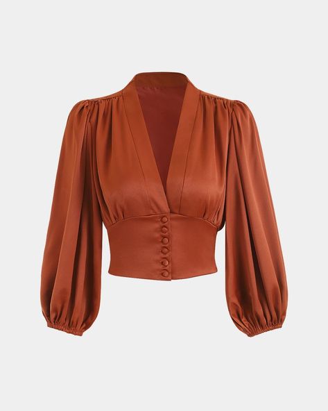 Women's Black Balloon Sleeves Satin Crop Top Blouse - Brick Red - Tops | RIHOAS Satin Bluse, Tailored Clothes, Satin Crop Top, Outfit Chic, Balloon Sleeve Top, Cotton Blouse, Crop Top Blouse, Crop Blouse, Brick Red