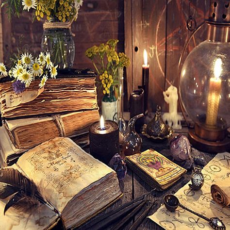 The desk of a witch or alchemist. Mystic Backgrounds, Black Magic Spells, Magic Spell Book, Witch Books, Magic Aesthetic, Magnum Opus, Fortune Telling, Witch Aesthetic, Practical Magic