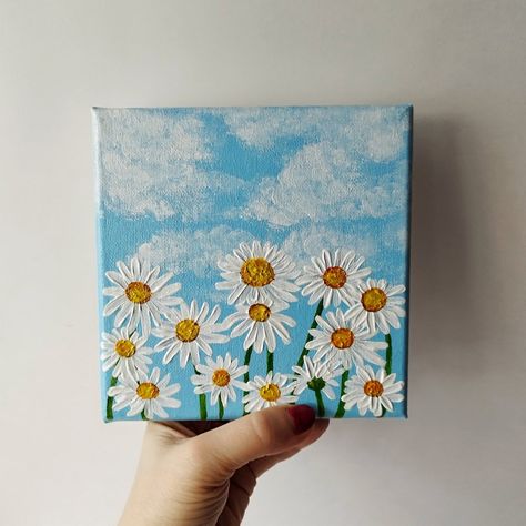 Acrylic on canvas 6*6" Canvas Painting Ideas Daisy, 4x4 Canvas Painting Ideas Easy, Small Square Canvas Art, 4x4 Canvas Paintings, Small Square Painting Ideas, 4x4 Canvas Painting Ideas, Tiny Canvas Ideas, Small Square Canvas Painting Ideas, 4x4 Paintings