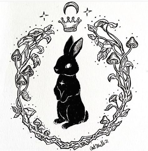 Happy Ostara, Hase Tattoos, Crown Stencil, Bunny Tattoos, Rabbit Tattoos, Spring Equinox, Occult Art, 5x7 Print, Tattoo Flash Art