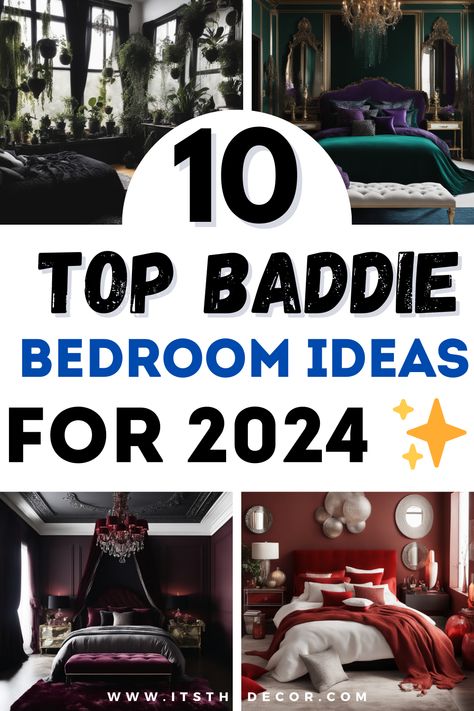 Discover how to transform your space into the ultimate baddie retreat with our Top Baddie Bedroom Ideas for 2024! From edgy decor to glam accents, get all the inspiration you need to level up your apartment with a bold, empowering vibe. Perfect for those ready to make a statement with their bedroom style. #BaddieBedroom #BedroomInspo2024 #GlamDecor #EdgyBedroomIdeas #TopBaddieBedroomIdeas Room Theme Ideas For Women, Simple Glam Bedroom Decor, Luxury Eclectic Bedroom Design, Bachelorette Bedroom Ideas, Women Apartment Bedroom Ideas, Art Deco Bedroom Ideas Interior Design, Unusual Bedroom Ideas, Master Bedrooms Decorating Ideas, Glamour Decor Bedroom