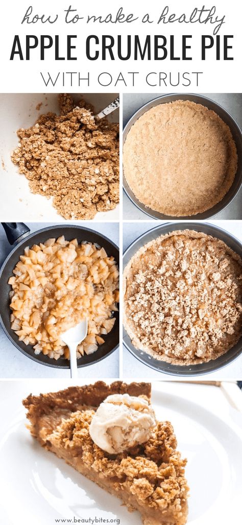 Healthy Apple Crumble Pie From Scratch! This easy homemade apple pie uses just 3 healthy ingredients for the filling and the crumble on top and in the crust is made with oats. No flour, no refined sugar, but absolutely delicious! Oat Pie Crust Healthy, Apple Pie Granola Recipe, Apple Crumble Pie With Oats, Healthy Apple Crumble Oats, Healthy Apple Desserts Gluten Free, Apple Pie With Almond Flour, Healthier Apple Pie, Einkorn Apple Pie, Low Cal Apple Crumble