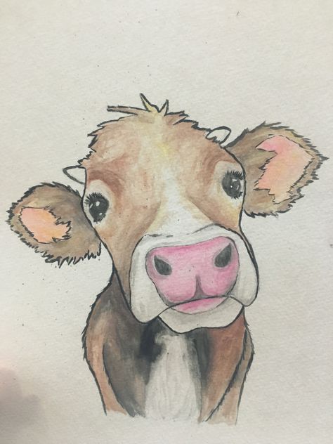 Animals Mixed Together Drawings, Cow Tutorial Drawing, Easy Painting Animals, Watercolor Art Animals Easy, Drawing Ideas Easy Cow, Cows To Draw, Cow Drawing Sketch, Cow Drawing Reference, Funny Cow Drawing