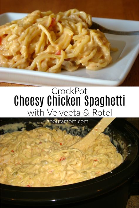 Chicken Spaghetti With Velveeta, Chicken Spaghetti Velveeta, Chicken Spaghetti Recipe Crockpot, Crockpot Cheesy Chicken, Best Crockpot Chicken, Crockpot Chicken Spaghetti, Velveeta Recipes, Dinner Videos, Cheesy Spaghetti