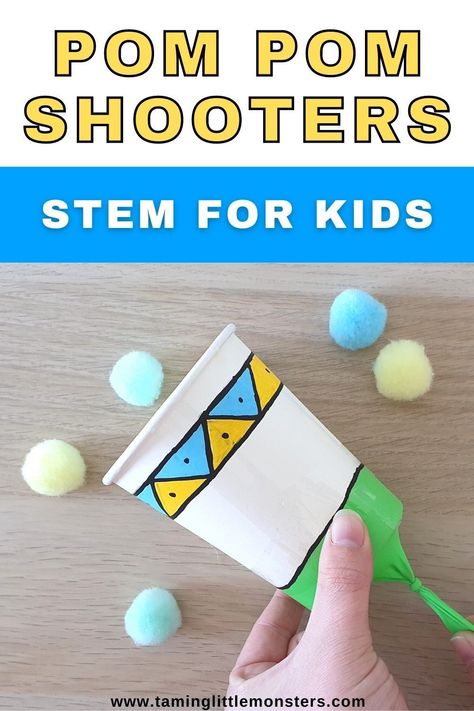 How to Make a Pom Pom Shooter. This is a fun STEM activity for preschool and kindergarten kids to make. #stem #preschool #kindergarten Oshc Activities Craft Ideas, Fun Stem Activities For Preschool, Stem Enrichment Activities, Preschool Inventors Activities, Stem Activities For Kindergarten Free, 3d Activities For Preschool, School Age Activities Daycare Games, Grade 3 Activities Fun, Stem Club Ideas