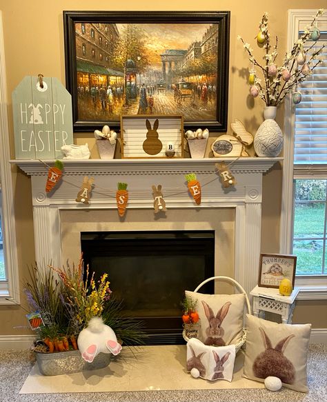 Living Room Easter Decor, Easter Village Display Ideas, Easter Mantel Decor, Easter Decorations Mantle, Easter Entryway Table Decor, Easter Mantel Decorating Ideas, Easter Fireplace Mantel Decor, Easter Fireplace Mantel, Easter Fireplace Decor