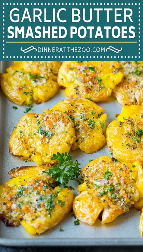 Smashed Potatoes With Sauce, Flat Top Side Dishes, New Potatoes Recipes Boiled, Oven Smashed Potatoes, Saute Pan Recipes, Garlic Butter Smashed Potatoes, Smashed Potatoes Baked, Garlic And Herb Butter, Baby Potato Recipes