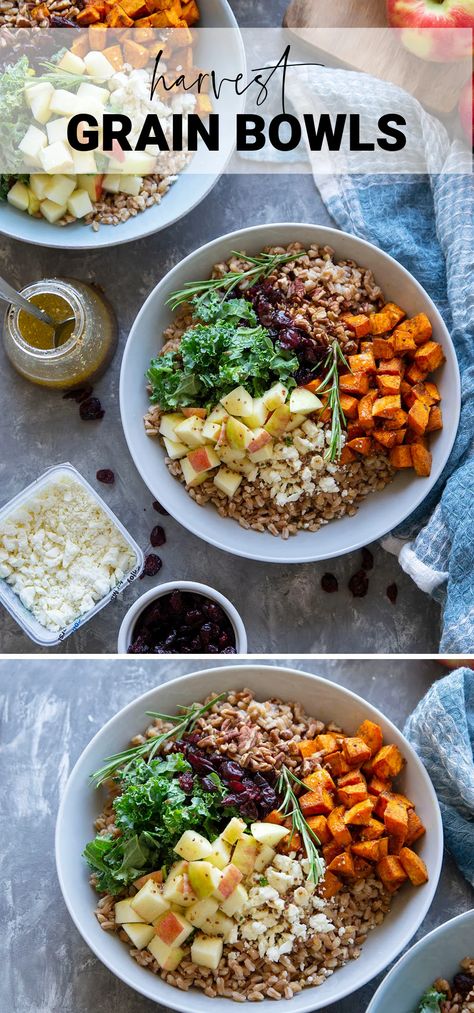 Maple Mustard Vinaigrette, Sweet Potatoes And Apples, Potatoes And Apples, Grain Bowl Recipe, Power Bowl Recipe, Cooking Grains, Sweet Potato Bowls, Sweet Apples, Mustard Vinaigrette