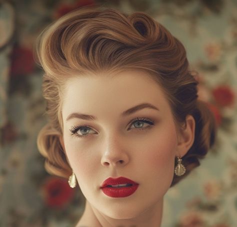 Brie Larson Hairstyles, Vintage Pinup Hair, Easy 40s Hairstyles, 1940s Updo Hairstyles, 30s Makeup Look, Short 50s Hair, 1930s Updo, 1880s Hairstyles, 50s Updo Hairstyles