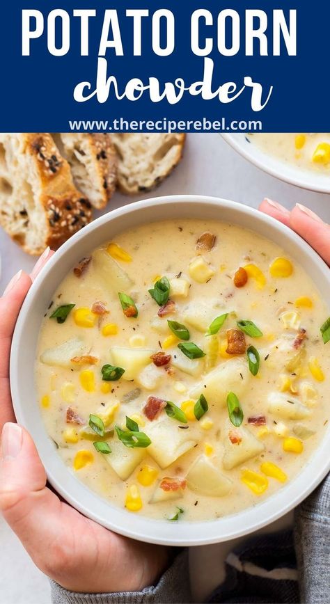 This Potato Corn Chowder is a thick, hearty, creamy, and flavorful soup. It's made with smoky bacon, crea… in 2022 | Beef soup recipes, Easy soup recipes, Soup recipes Potato Corn Chowder Soup, Easy Bacon Recipes, Corn Chowder Soup, Bacon Corn Chowder, Bacon Corn, Potato Corn Chowder, Creamy Potatoes, Chicken Corn Chowder, Soup Healthy