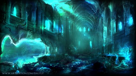 Sunken Temple, Isa L_y on ArtStation at https://www.artstation.com/artwork/83w1n Underwater Temple Map, Sunken Temple, Magic Temple, Underwater Temple, Underwater Ruins, Water Temple, Gothic Church, Underwater Art, Temple Art