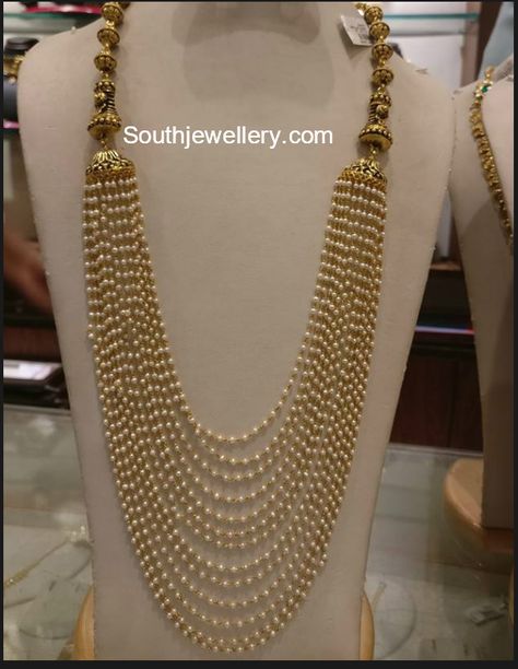 Pearls Mala, Pearl Mala, Temple Jewelry Necklace, Indian Wedding Jewelry Sets, Indian Jewelry Earrings, New Gold Jewellery Designs, Jewellery Bridal, Pearl Jewelry Design, Jewellery Wedding