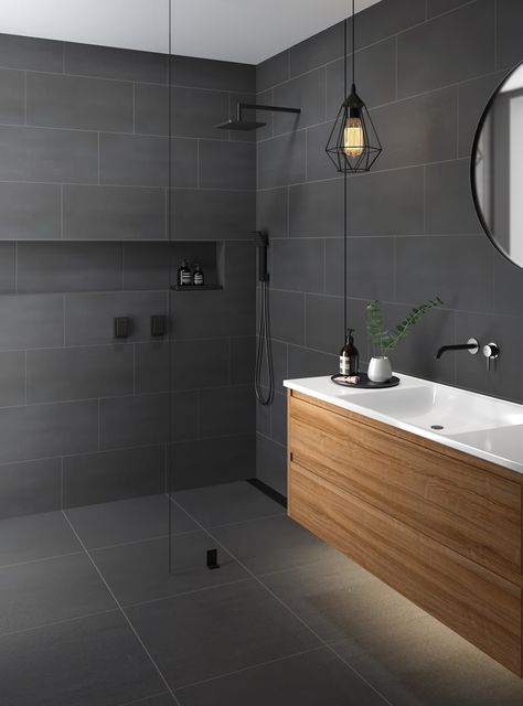 Dark Grey Tile Bathroom, Dark Grey Bathroom, Grey Bathroom Floor, Grey Bathrooms Designs, Dark Gray Bathroom, Trend Aesthetic, Gray And White Bathroom, Grey Bathroom Tiles, Bathroom Inspiration Modern