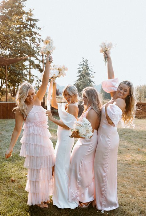 Aesthetic Bridesmaids Dresses, Wedding With Pink Accents, Wedding Different Bridesmaid Dresses, Bridesmaid Dresses Aesthetic Pink, Wedding Bridesmaid Dresses Light Pink, Pink And White Wedding Bridesmaids, Three Bridesmaids Pictures, Spring Wedding Bridesmaids Dresses Pink, Bride With 3 Bridesmaids Photo Ideas