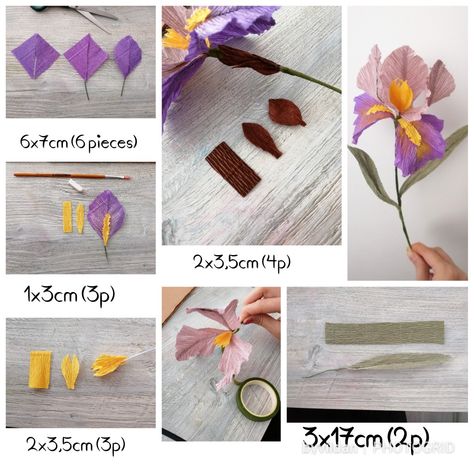 Paper Iris Flower, Purple Crepe Paper Flowers, Crepe Paper Iris, Crepe Flowers Diy, Paper Iris, Paper Flowers Tutorial, Crepe Paper Flowers Tutorial, Crepe Paper Crafts, Crepe Paper Flowers Diy