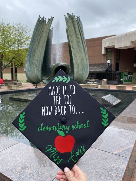 Education College Graduation Caps, Elementary Education Major College, Elementary Cap Decoration, Grad Cap Ideas Teacher Education Major, College Graduation Pictures Elementary Education, Education Grad Cap Ideas, Senior Picture Ideas Teacher, Graduation Cap Ideas For Teachers, Education Major Cap Decoration