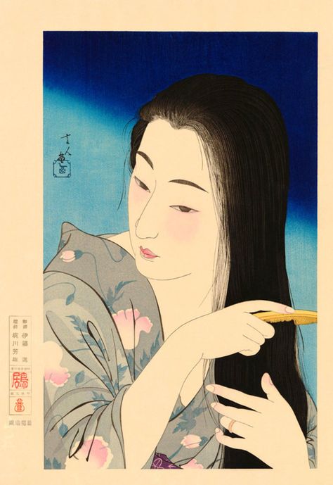 Japanese art Combing her hair Kamisuki Torii Kotondo | Etsy Art Chinois, Japanese Art Prints, Japanese Illustration, Print Portrait, Japanese Woodblock, Eastern Art, Art Japonais, Japanese Woodblock Printing, Ukiyo E