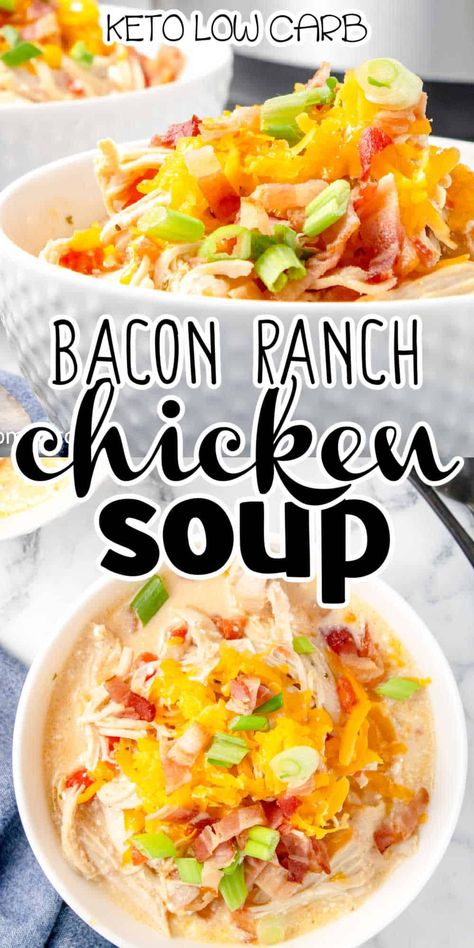 Low Carb Chicken Bacon Ranch Soup, Chicken Bacon Ranch Soup Crockpot, Chicken Bacon Ranch Potato Soup, Chicken Bacon Ranch Soup, Chicken Bacon Soup, Crockpot Recipes Soup, Ranch Soup, Keto Chicken Bacon Ranch, Keto Chicken Bacon