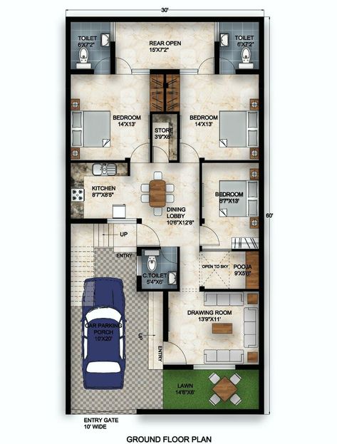 30x50 House Plans, Budget House Plans, 20x40 House Plans, 30x40 House Plans, 2bhk House Plan, Indian House Plans, Little House Plans, Modern Small House Design, House Floor Design