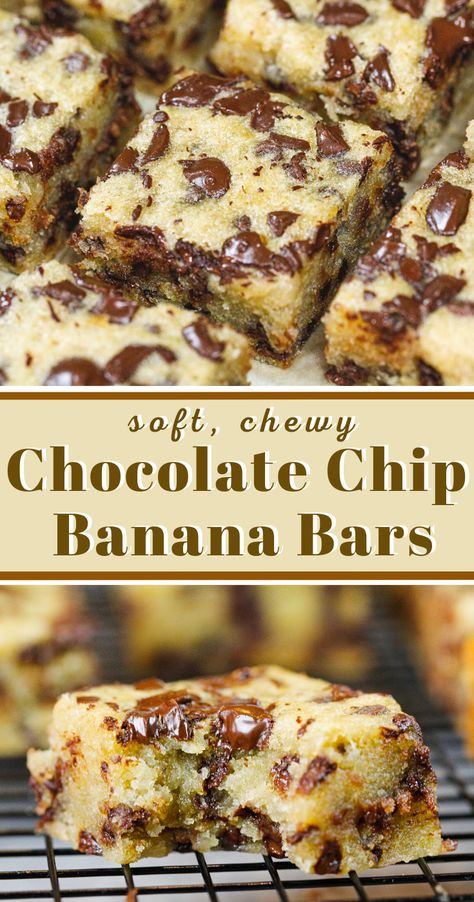 Chocolate Chip Banana Bars, Banana Chocolate Chip Bars, Resep Brownies, Banana Dessert Recipes, Banana Bars, Chocolate Chip Bars, Chocolate Chip Banana, Banana Dessert, Chewy Chocolate Chip