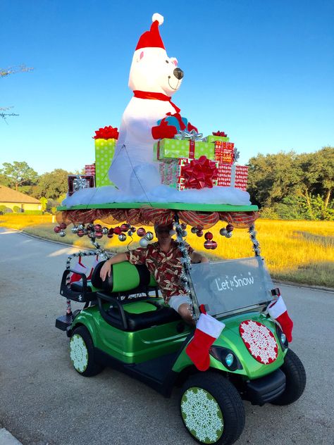 best in show! Christmas golf cart parade :) Utv Christmas Parade Ideas, Atv Christmas Parade Ideas, Golf Cart Christmas Parade Ideas, Golf Cart Christmas Decorating Ideas, Christmas Caravan, Golf Cart Decorations, Christmas Parade Floats, Parade Ideas, Caravan Ideas