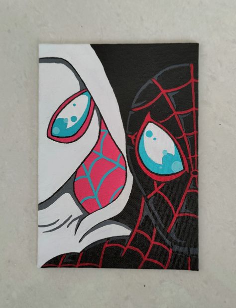 Drawing Ideas Spiderman Miles, Miles Morales Spiderman Painting, Miles Morales And Gwen Stacy Drawing, Miles Morales Painting Canvas Easy, Posca Pens Art Canvas, Gwen Stacy Painting, Spider Verse Painting, Spider Gwen And Miles, Miles Morales Dibujo