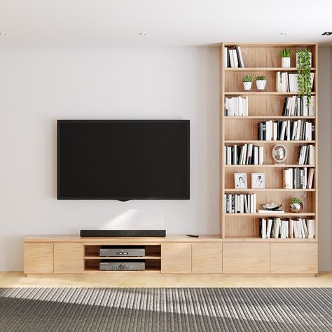 Tv Entertainment Unit Ideas, Entertainment Unit Built In, Mid Century Modern Built In Entertainment Center, Tv Joinery Design, Built In Tv Units In Living Room Modern, Media Wall Storage Ideas, Tv Joinery Wall, Built In Tv Wall Unit Modern, Modern Built In Bookshelves