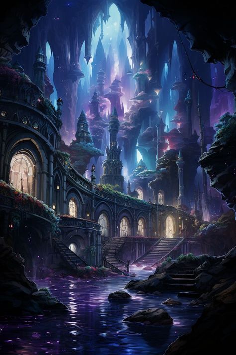 Fantasy Cavern City, Fantasy Club Art, Waterfall Cave Fantasy Art, Underdark City Art, Fairy City Fantasy Art, Underdark Concept Art, Underground Ruins Fantasy Art, Underground Kingdom Fantasy Art, Magical City Art