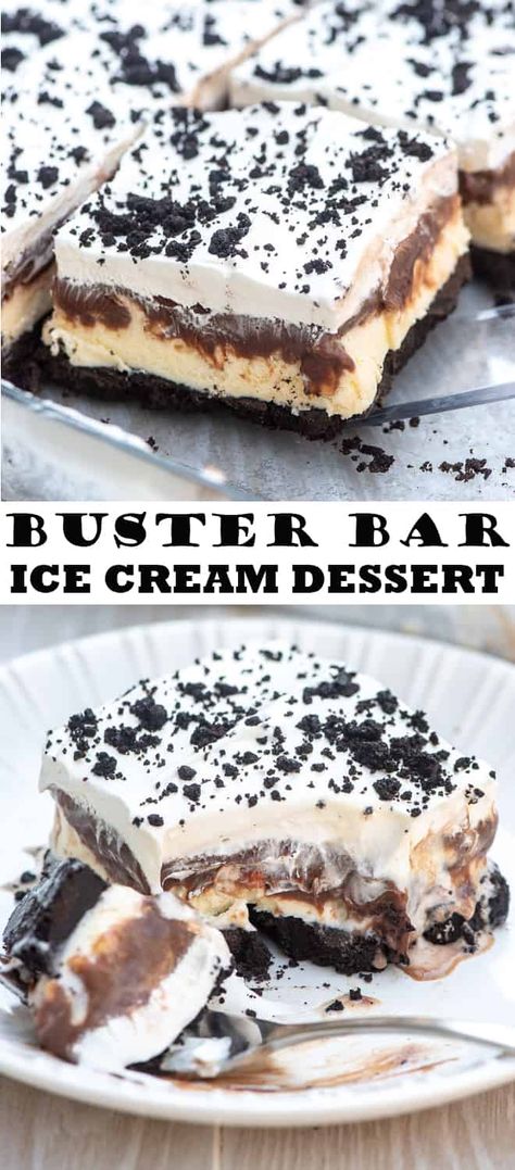 This decadent layered Buster Bar Ice Cream Dessert was inspired by Dairy Queen's famous Buster Bar. The ultimate summer party dessert! #icecream #dessert #dairyqueen #frozendesserts #busterbar Homemade Ice Cream Dessert, Ice Cream Deserts Ideas, Ice Cream Dessert Recipes Easy, Frozen Desserts Make Ahead, Frozen Desserts Easy, Buster Bar Ice Cream Dessert, Ice Cream Desserts Easy, Buster Bar Dessert, Buster Bar