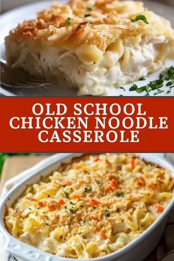 Old School Chicken Noodle Casserole is a classic comfort food made with chicken, noodles, and a creamy sauce. It's easy to prepare with simple ingredients, perfect for busy weeknights. Save this recipe for a family-friendly meal everyone will love! Make it tonight! #comfortfood #easyrecipe #chickencasserole #familydinner Egg Noodle And Chicken Casserole, Chicken Noodle Hot Dish, Chicken Noodles Casseroles, Chicken Noodle Bake Casseroles, Chicken Casserole Egg Noodles, Chicken Egg Noodles Recipes, Chicken And Egg Noodle Recipes, Chicken Noodle Casserole Recipes, Recipes With Egg Noodles