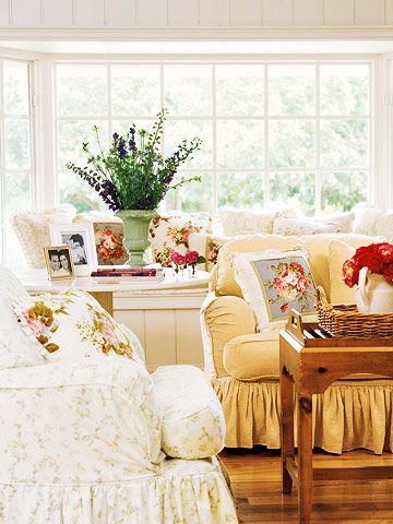 Slipcovers reflect the easy-living attitude that's crucial to cottage style. Sewn from affordable cotton or canvas, most slipcovers easily slip off and into the wash. Cabin Patio, Enchanted Cottage, Cottage Decorating, Traditional Cottage, Cottage Style Decor, Cottage Living Rooms, Style Cottage, Cottage Ideas, Cottage Interiors