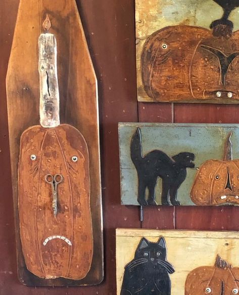 Primitive Halloween Crafts, Halloween Assemblage, Halloween Primitives, Fall Primitives, Primitive Pumpkins, Primitive Halloween Decor, Folk Art Cat, Rustic Halloween, Halloween Clay