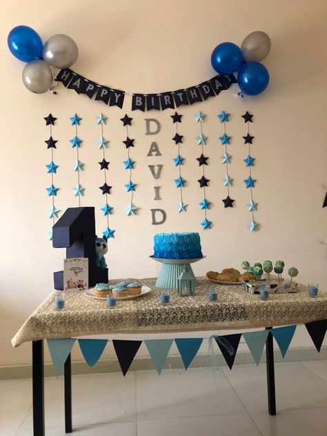 Blue Themed Birthday, Easy Birthday Party Decorations, Homemade Birthday Decorations, Simple Balloon Decoration, Mens Birthday Party Decorations, Boys First Birthday Cake, Cake Table Birthday, Birthday Decorations For Men, Happy Birthday Decor