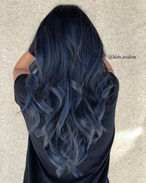 Dark Blue Hair Ombre, Dark Blue Balayage Hair, Smoky Blue Hair, Blue Silver Hair, Ash Blue Hair, Midnight Blue Hair, Black Balayage, Blue Grey Hair, Blue Hair Highlights