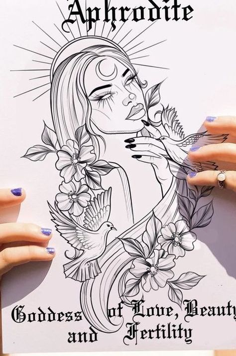 Virgo Witch Tattoo, Tattoo Sleeve Mythology, Greek Goddess Tattoo, Traditional Tattoo Outline, Aphrodite Tattoo, Greek God Tattoo, Tiger Tattoo Sleeve, Mystical Tattoos, Mom Tattoo Designs