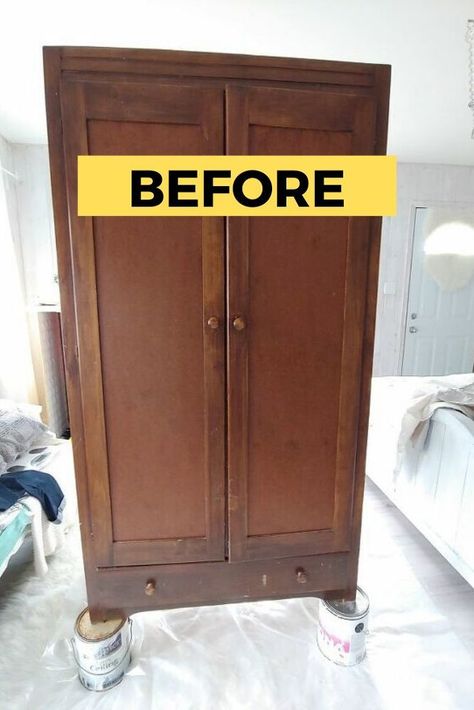 Diy Armoire Makeover, Upcycle Wardrobe, Armoire Repurpose, Cupboard Makeover, Armoire Diy, Kids Armoire, Decorate On A Budget, Armoire Makeover, Painted Armoire