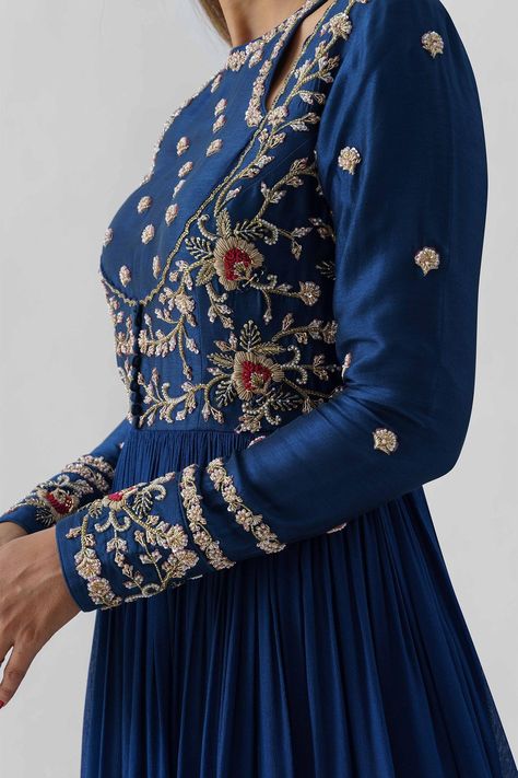 Buy Suruchi Parakh Blue Tussar Silk Embroidered Anarkali With Dupatta Online | Aza Fashions Anarkali With Dupatta, Blue Anarkali, Embroidered Anarkali, Anarkali Dress Pattern, Embroidered Motifs, Simple Kurti Designs, Indian Dresses Traditional, Indian Gowns Dresses, Dress Design Patterns