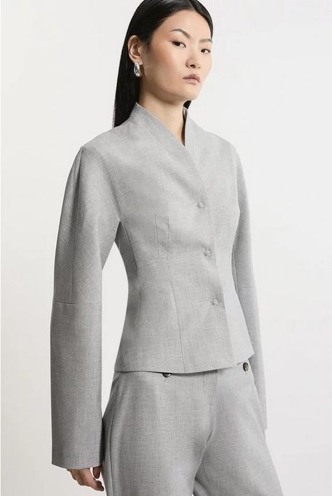 New In | Karen Millen Grey Suits Women, Tailored Outfits For Women, Coat Pocket Design, Womens Tailoring, Grey Jacket Outfit, Abaya Inspiration, Petite Work Outfits, Bride Jumpsuit, Wedding Pants