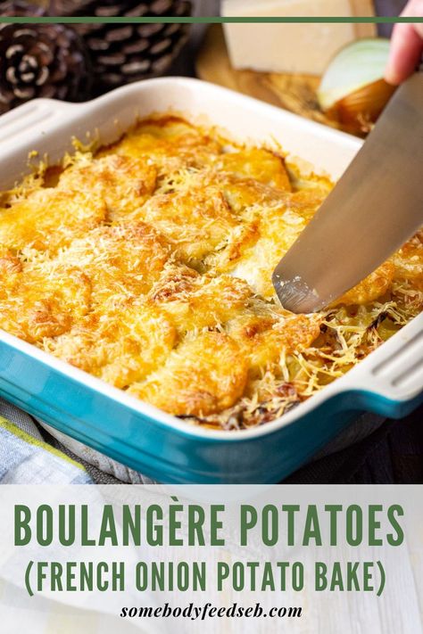 French Baked Potatoes, French Onion Boulangere Potatoes, French Onion Poutine, Potato Boulangere Recipe, Parisienne Potatoes Recipes, French Onion Potato Bake, Parisian Potatoes Recipes, French Potato Recipes, Onion Potato Recipes