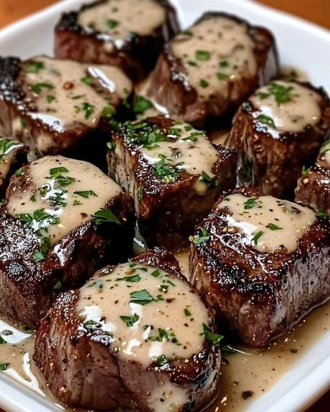 Carol Lovejoy-Spellman Steak Cream Sauce, Tender Steak Bites, Butter Cream Sauce, Creamy Garlic Parmesan Sauce, Garlic Butter Steak Bites, Make Garlic Butter, Butter Steak Bites, Garlic Steak, Garlic Parmesan Sauce