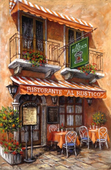 Cafe With Balcony, Italian Cafe, Canvas For Beginners, Watercolor Architecture, Canvas Painting Ideas, Cafe Art, French Cafe, Incubus, Urban Sketching