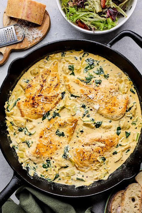 Spinach Artichoke Chicken Pioneer Woman Recipes Spinach Artichoke Chicken Lasagna, Recipes With Peas Dinners, Creamy Chicken Artichoke Casserole, Chicken Spinach Artichoke Recipes, Pesto Artichoke Chicken, Spring Weeknight Dinners, Chicken And Artichoke Recipes, Artichoke Chicken Recipes, Artichoke Chicken Piccata