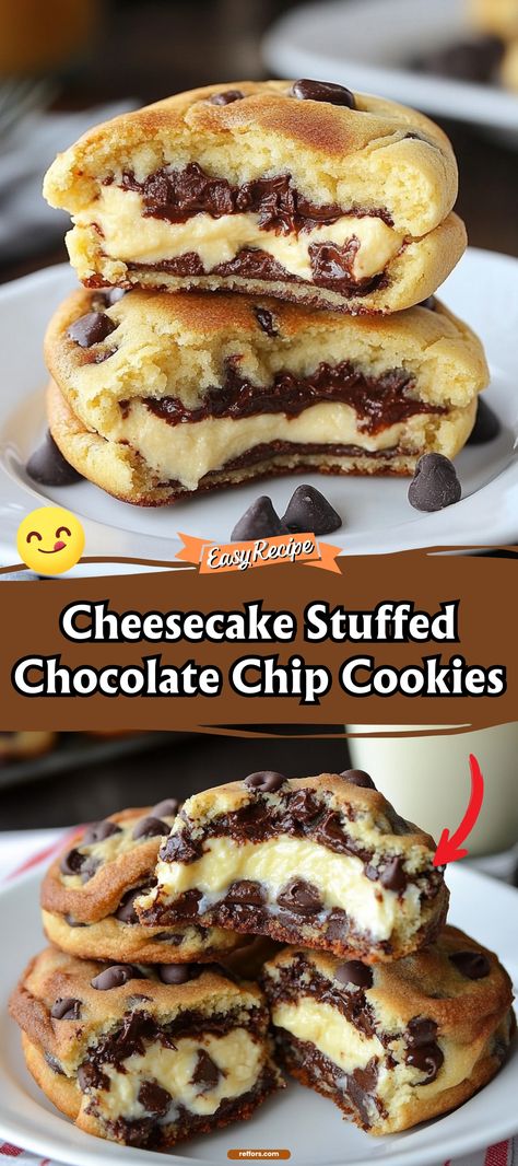 Indulge in the ultimate dessert treat with Cheesecake Stuffed Chocolate Chip Cookies. Each cookie is a mini adventure with a heart of creamy cheesecake enveloped in a soft chocolate chip shell. #StuffedCookies #CheesecakeLove #ChocolateChip Chocolate Cookies With Reese’s Pieces, Cheesecake Filled Chocolate Chip Cookies, Cream Cheese Stuffed Chocolate Cookies, Deep Dish Cookie Cake, Super Thick Chocolate Chip Cookies, Cheesecake Stuffed Cookies Recipes, Christmas Stuffed Cookies, New Cookies Ideas, Nutella Stuffed Chocolate Chip Cookies