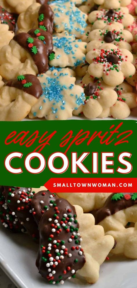 Craving a sweet treat? These classic spritz cookies are the BEST! Everyone loves these melt-in-your-mouth buttery Christmas cookies. This easy Christmas dessert is also fun to decorate! Save this holiday recipe! Classic Spritz Cookies, Buttery Spritz Cookies, Butter Spritz Cookies, Cookie Press Recipes, Spritz Cookie Recipe, Holiday Baking List, Baking List, Peanut Butter Blossom Cookies, Best Christmas Desserts