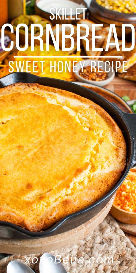 Grab your cast iron skillet and get ready for the most delicious cornbread you ever tasted. Not only is this sweet skillet cornbread recipe a fantastic side dish for homemade chili but it's also a tasty snack in its own right. With tasty ingredients like honey, butter, cornmeal, and eggs, it's a sweet honey cornbread you can really savor and enjoy. It's sweet but not overly so and the texture is soft with a little graininess. The buttery, crisp edges are perhaps the best part of all! Honey Cornbread Recipe, Cornmeal Cornbread, Skillet Cornbread Recipe, Grits Recipes, Sweet Potato Skillet Recipes, Southern Cornbread Recipe, Cornmeal Recipes, Cornbread With Corn, Cornbread Recipe Sweet