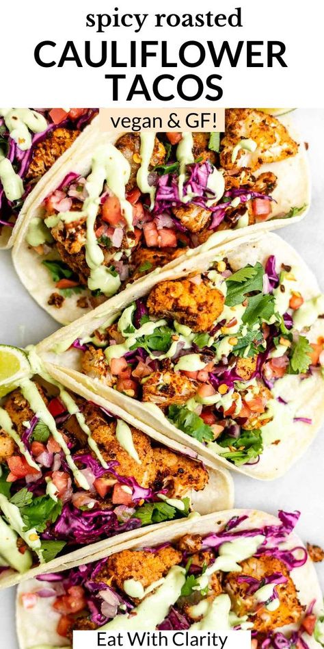 Cilantro Lime Crema, Roasted Cauliflower Tacos, Lime Crema, Plant Based Recipes Dinner, Cauliflower Tacos, Healthy Plant Based Recipes, Plant Based Diet Recipes, Tasty Vegetarian Recipes, Vegetarian Dinners