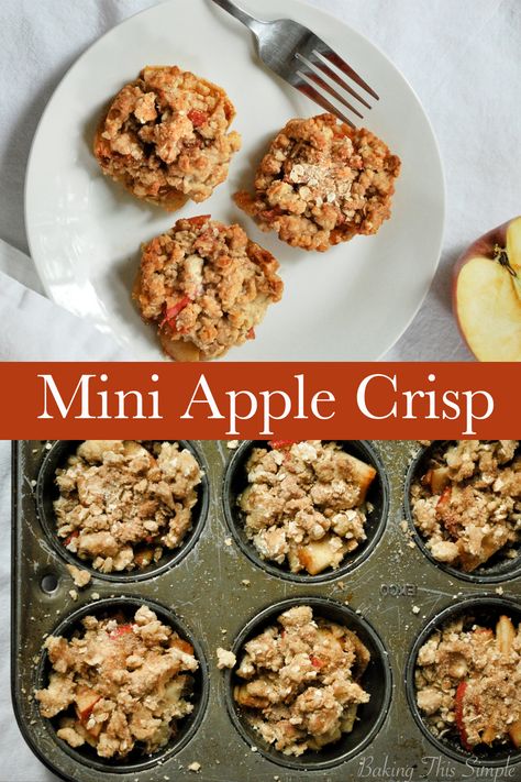 These mini apple crisp are so easy to put together and are simply delicious. The perfect bite sized dessert for any occasion. #bitesizeddessert #quickdesserts #miniapplecrisps Apple Crisp Muffin Bites, Dessert Cookoff Ideas, Easy Apple Desserts Individual, Apple Crisp Muffin Tin, Mini Apple Crisps In Muffin Tin, Apple Crisp Cups Easy, Mini Apple Crisp Cups, Apple Crisp In Cupcake Pan, Muffin Tin Apple Crisp