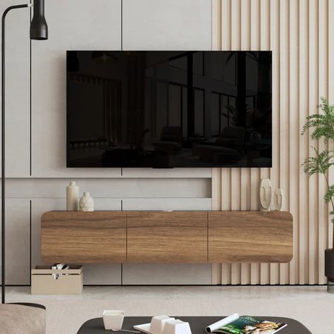 Callysta Floating TV Stand for TVs up to 78'' Floating Media Console Table, Floating Tv Stands Ideas For Living Room, Floating Tv Console Ideas, Tv With Shelf Underneath, Under Tv Ideas, Shelf Under Tv, Floating Media Console, Floating Tv Console, Deco Tv